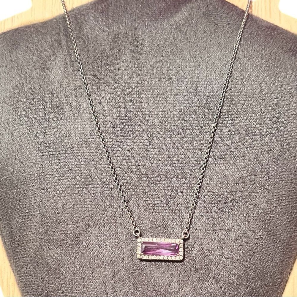Bomb Party Rectangular Amethyst White CZ Pendant Silver Necklace